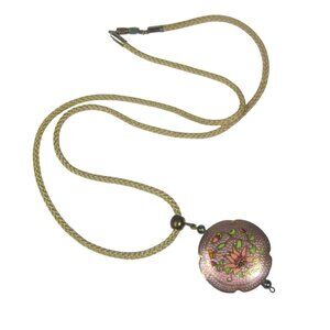 Vintage Lotus Floral Enamel Pendant Necklace 28 inch Goldtone Braided Cord